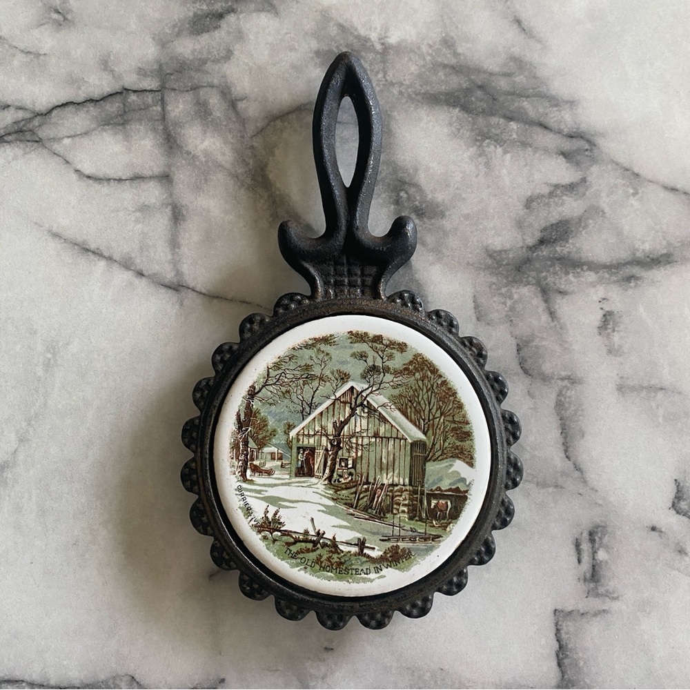 Vintage Currier & Ives Cast Iron and Tile Trivet